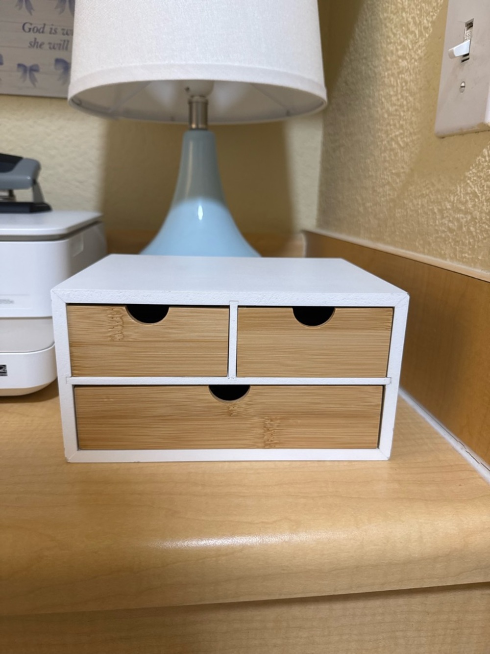 White & Natural Bamboo 3-Drawer jewelry Desktop Organizer